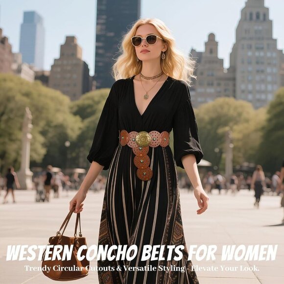 Western Faux Leather Belt for Women Boho Cowgirl Wide Disk Concho Style main image 4